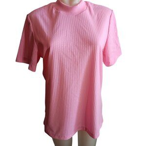 1OF1 Women's Large Vintage T-shirt Pink Ribbed Mock Neck Zip Closure 1970's